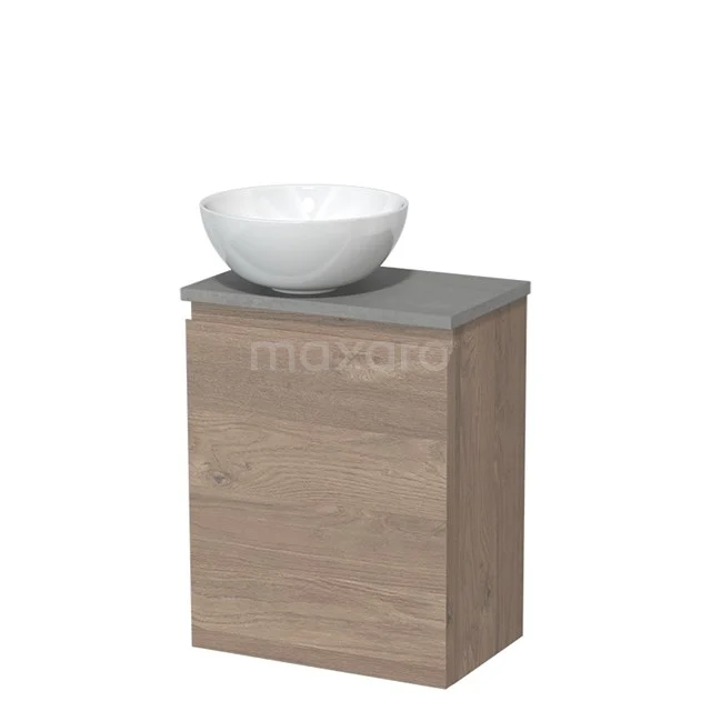 Houten badkamermeubel met waskom, eikenlook kast en grijs stenen blad, compact design voor moderne badkamers.
