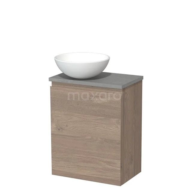 Houten badkamermeubel met grijs blad en ronde witte waskom, modern design, ideaal voor een compacte badkamer.