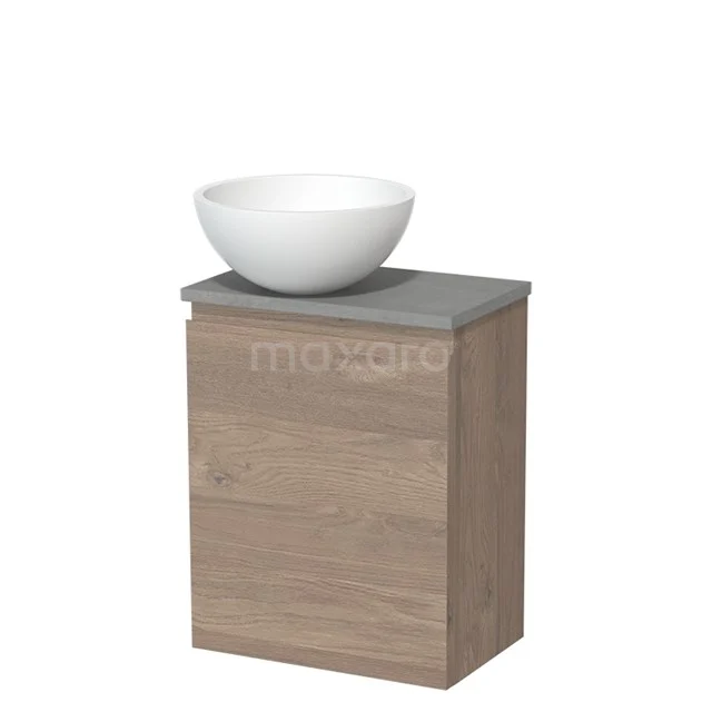 Badkamermeubel houtlook met grijs blad en witte keramische waskom, compact design voor moderne badkamers.