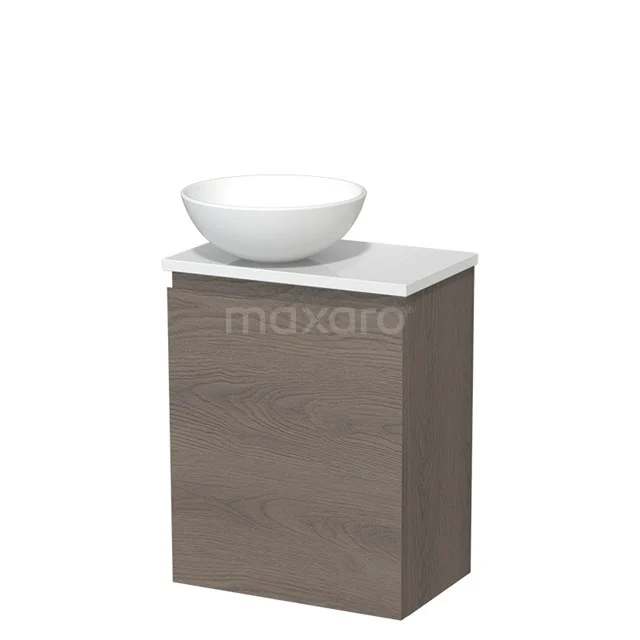 WC-Möbel mit Aufsatzwaschbecken | 41 cm Dunkelbraune Eiche Grifflose Front Matt Weiß Keramik Aufsatzwaschbecken Hochglanz Weiß Platte TMK10-09526 Hölzerner Badschrank mit Waschbecken im modernen Design, beige Holzfarbe und keramischer Schüssel; perfekt für ein stilvolles Badezimmer.