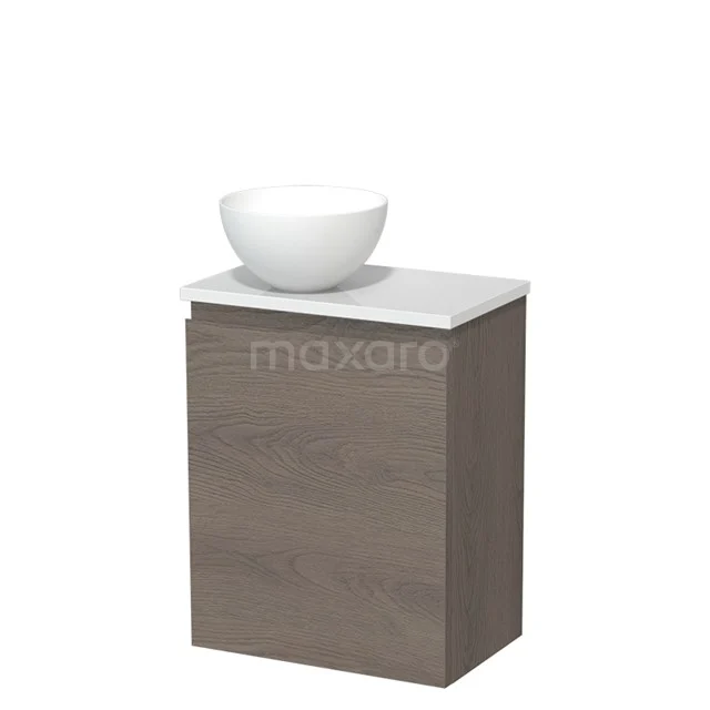 Toilet unit with countertop wash basin | 41 cm Dark brown oak Handleless front Matte white Solid surface wash basin High-gloss white worktop TMK10-09529