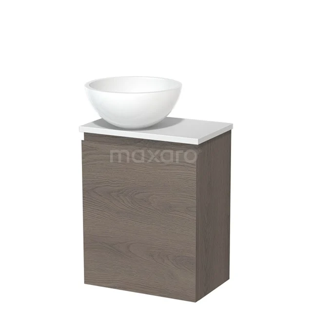 Badmöbel mit Waschbecken, weiße Keramikkombination auf Holzschrank in Wengefarbe, modernes Design für kompakte Bäder.