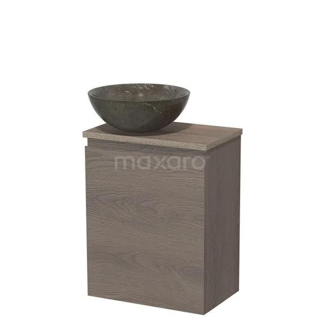 WC-Möbel mit Aufsatzwaschbecken | 41 cm Dunkelbraune Eiche Grifflose Front Blaustein Naturstein Aufsatzwaschbecken Eiche Platte TMK10-09570 Badmöbelset mit dunklem Holzschrank und rundem Naturstein Aufsatzwaschbecken, ideal für ein modernes Badezimmer.