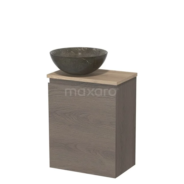 WC-Möbel mit Aufsatzwaschbecken | 41 cm dunkelbraune Eiche grifflose Front Blaustein Naturstein Aufsatzwaschbecken hellbraune Eiche TMK10-09590 Holz Badmöbel mit Grau Naturstein Aufsatzwaschbecken, modernes Design, perfekt für eine stilvolle Badezimmerumgebung.