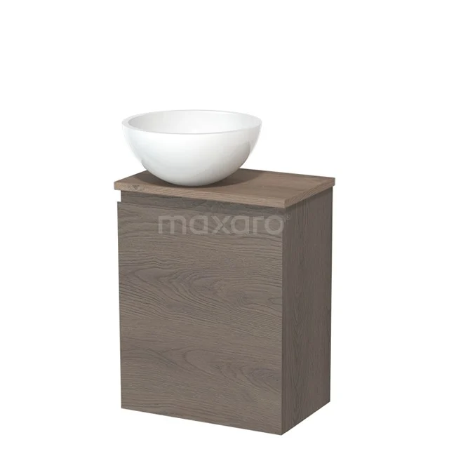 Kompakte Badmöbel mit Holzschrank in Taupe und weißem keramischen Aufsatzwaschbecken, modernes Design für kleine Bäder.
