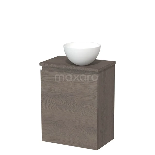 Holz-Badschrank mit modernem Aufsatzwaschbecken, dunkler Eichenfarbe, kompaktes Design ideal für kleine Bäder.