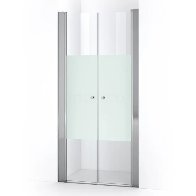 Weiße Glastür mit Mattglas, silbernen Rändern und Chromakzenten, ideal für moderne Badezimmergestaltung.