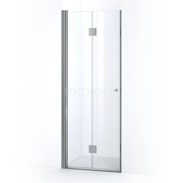 Glass shower door with slim aluminium frame, hinges and minimalist design, ideal for modern bathrooms.