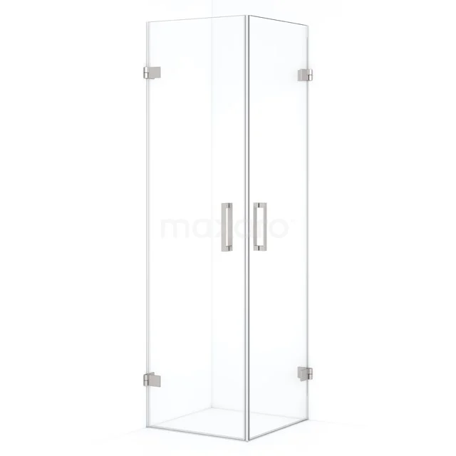 Glaseneck-Duschkabine mit transparenten Wänden, metallenen Scharnieren und doppelten Türen; ideal für moderne Badezimmerlayouts.