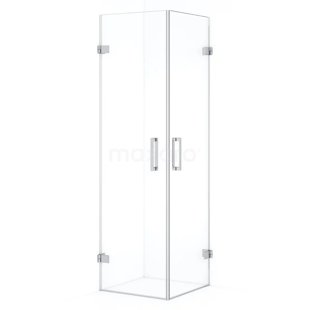 Glas Duschkabine quadratisch mit metallischen Scharnieren, elegantes Design, ideal für ein modernes Badezimmer.