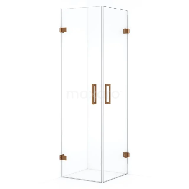 Sleek glass shower enclosure with angular design, gold hinges and handles; a modern bathroom solution.