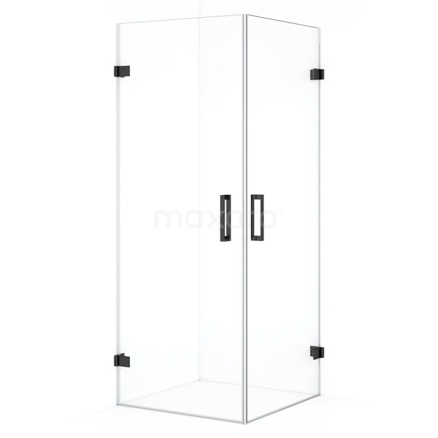 Glas Duschkabine mit Eckeinstieg, Klarglas und schwarzen Scharnieren, modernes Design ideal für jedes Badezimmer.