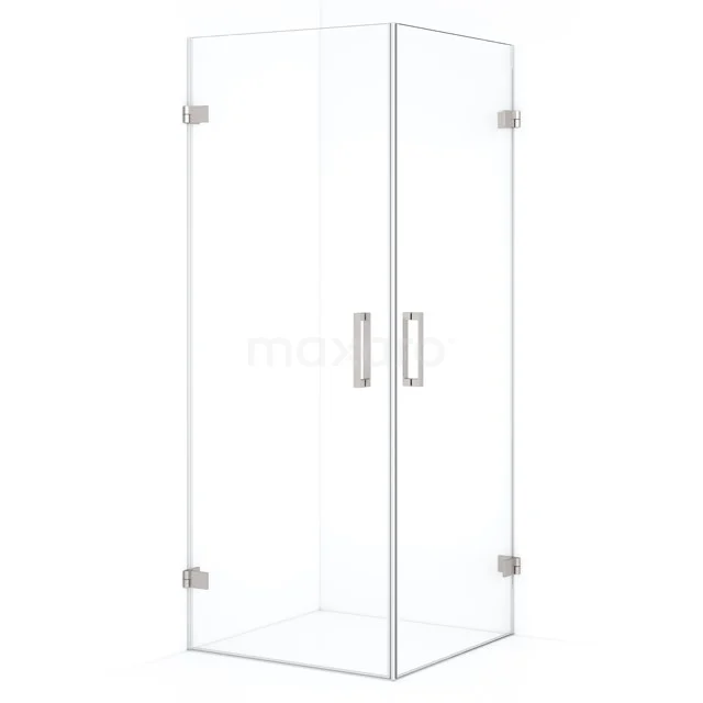 Glass shower enclosure with hinged doors, corner model, transparent glass, stainless steel details, ideal for modern bathrooms.