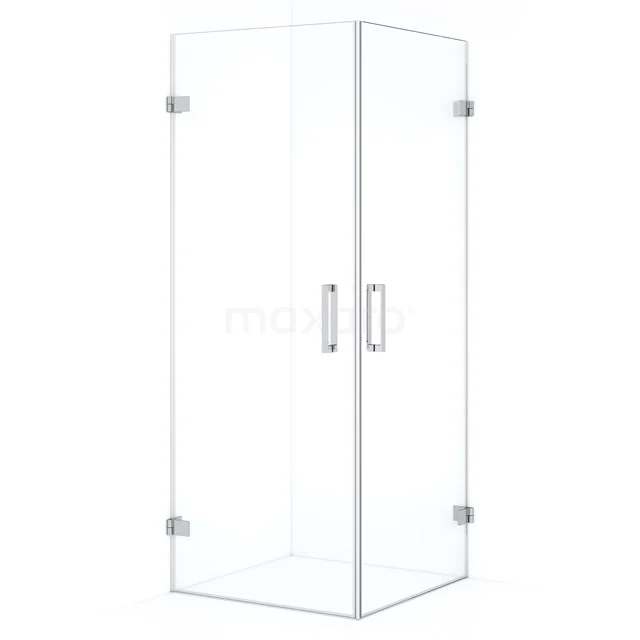 Corner-shaped glass shower enclosure with sleek chrome hinges and handles, ideal as a stylish bathroom solution.
