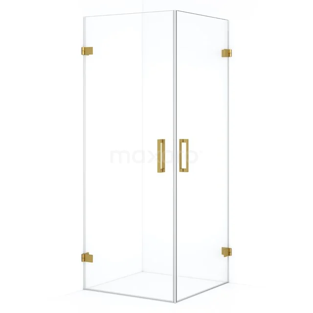 Glas Duschkabine mit goldenen Scharnieren und Haltegriffen, modernes Design für ein stilvolles Badezimmer.