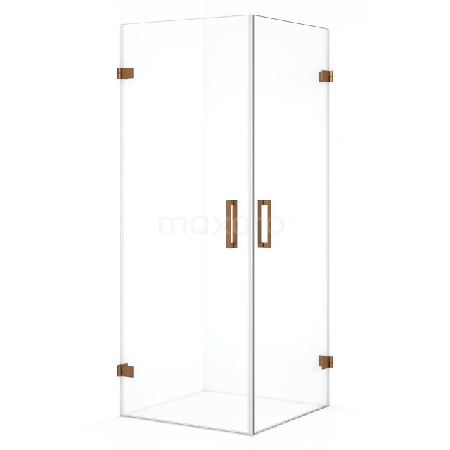 Glass shower enclosure with corner step, transparent design, gold-coloured hinges and handles, perfect for modern bathrooms.