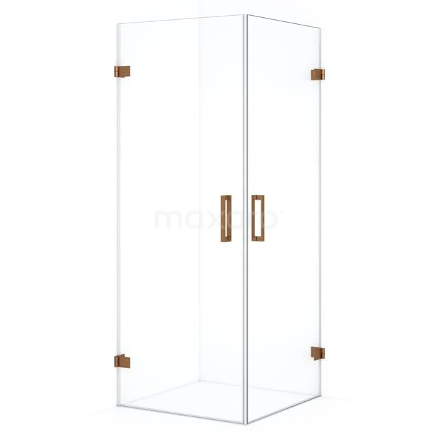 Glas Duschkabine mit Eckeinstieg, transparentes Design, goldfarbene Scharniere und Haltegriffe, perfekt für moderne Bäder.