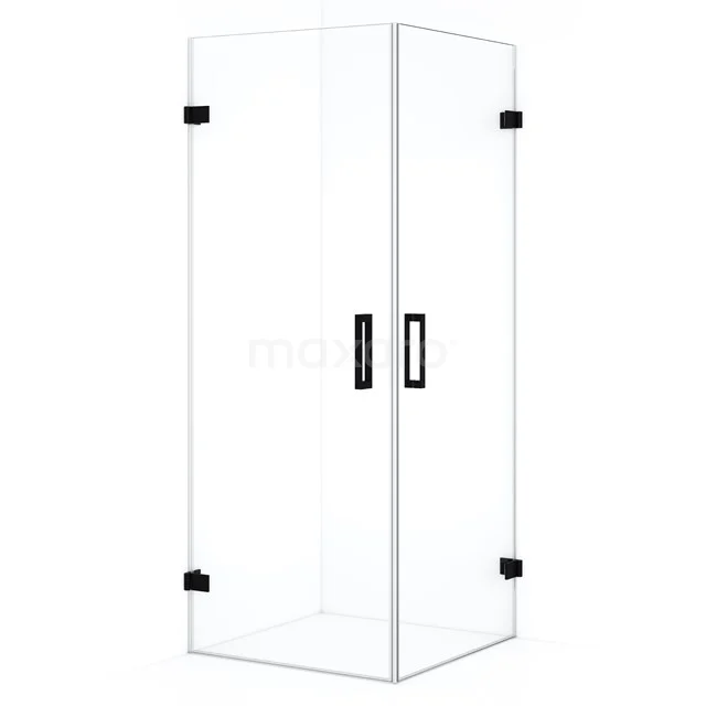 Glass shower enclosure with black hinges and handles, modern design for stylish bathroom decoration.