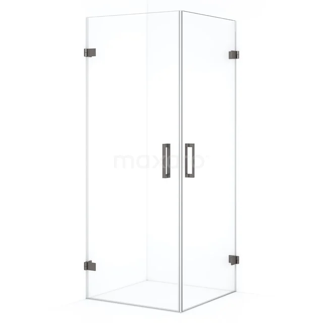 Glass shower enclosure with square shape, clear glass panels and black hinges; stylish design for a modern bathroom.