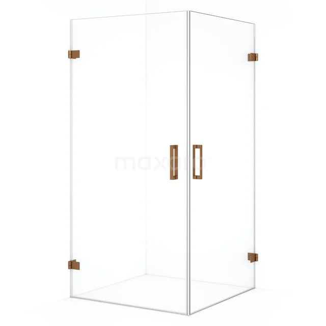 Glass shower enclosure with gold-coloured metal hinges and handles, sleek design for modern bathrooms.