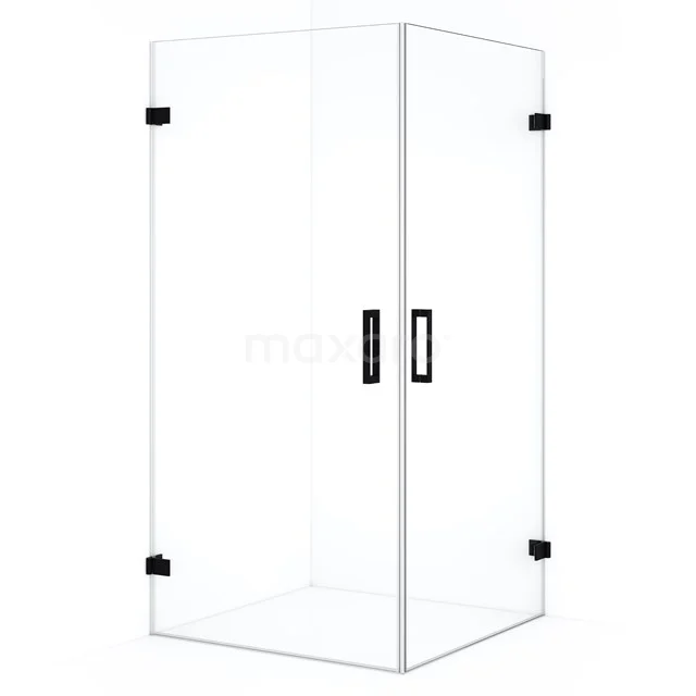 Diamond Shower cabin | 100x100 cm Matte black Clear glass Pivot door Square CDE1101020MB Square shower enclosure with clear glass, black accents and metal handles, ideal for a modern bathroom style.