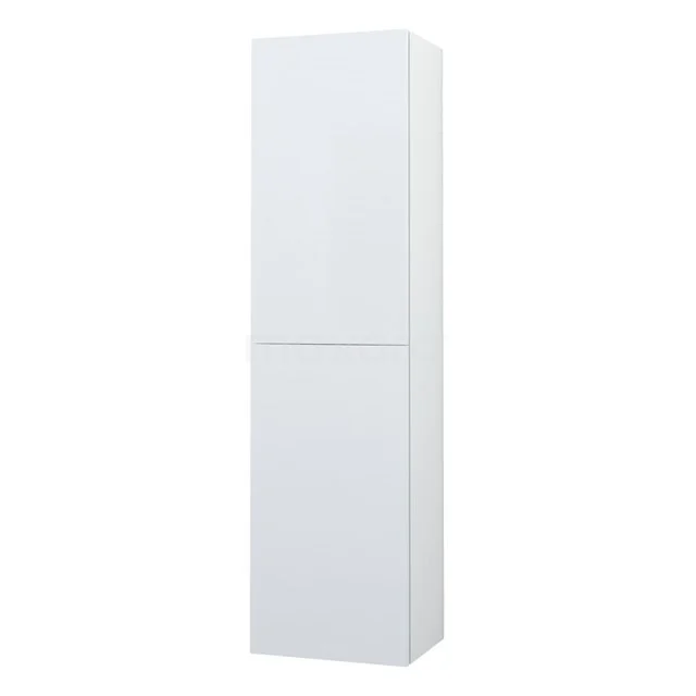 White high bathroom cabinet with two handleless doors, modern look, ideal for compact storage in the bathroom.