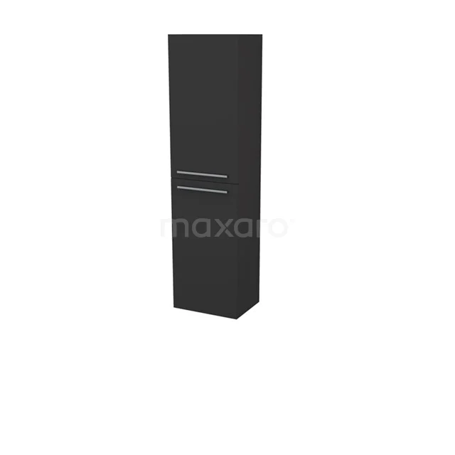 Matte black Bathroom cabinet with slim, vertical shape, two doors and contemporary handles for modern bathroom storage.