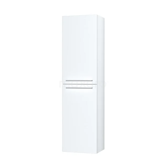 White hanging bathroom cabinet with two doors, sleek design in high-gloss finish, ideal for compact bathroom storage.