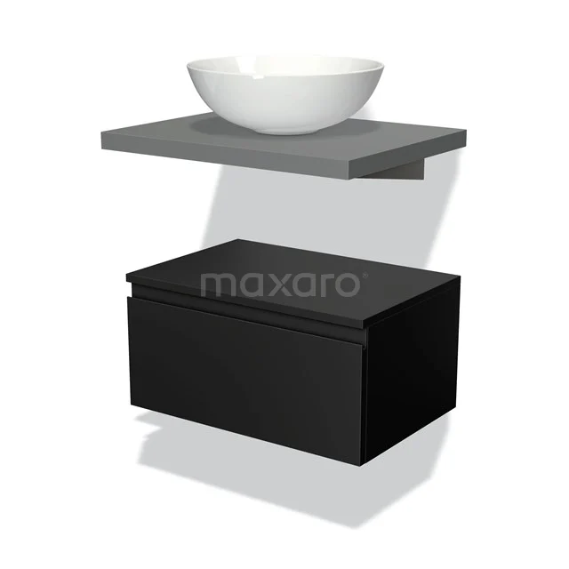 Floating basin set with black cabinet, grey worktop and white bowl, perfect as a modern bathroom solution.