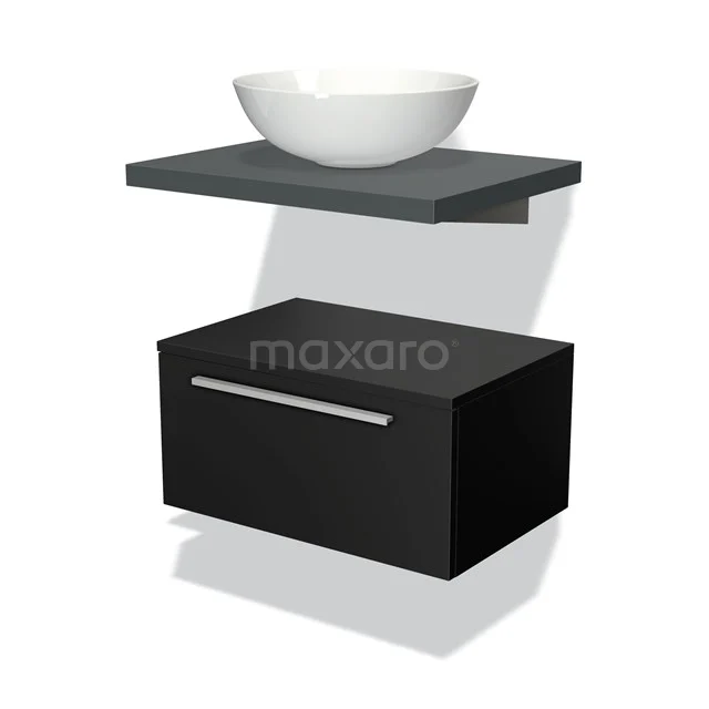 Black bathroom unit with drawer, grey basin worktop and white bowl-shaped sink; modern design, ideal for compact bathrooms.