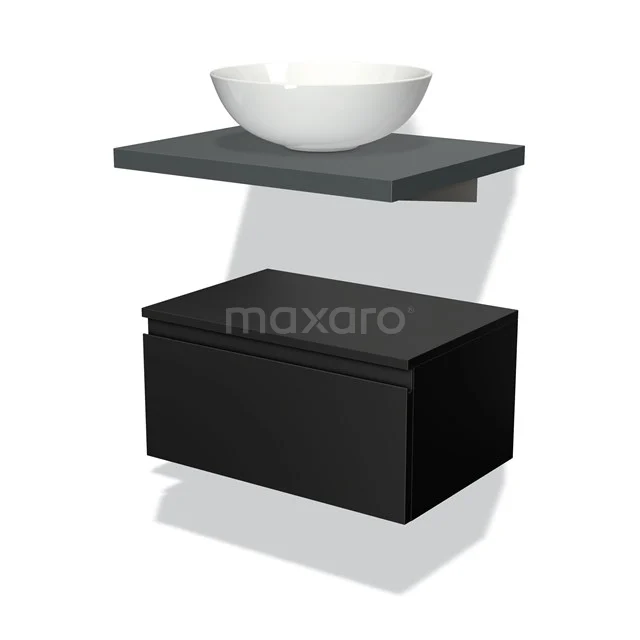 Black bathroom furniture set with matte black drawers, grey shelf and white round countertop wash basin, modern design for stylish bathrooms.