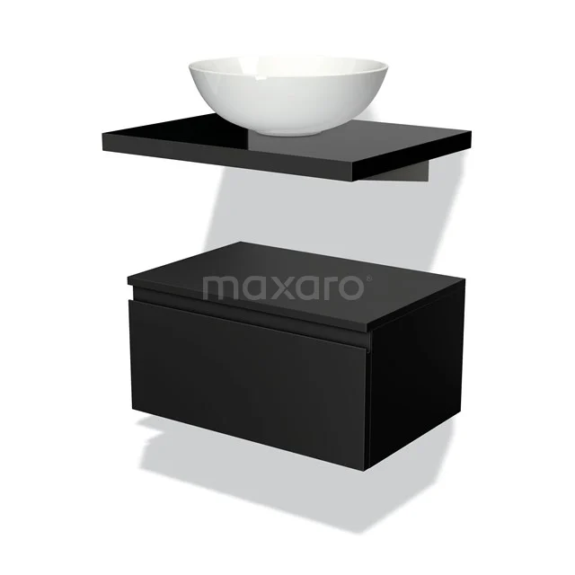Black floating bathroom units with ceramic countertop wash basin, including storage cabinet from the modern Luxe series.