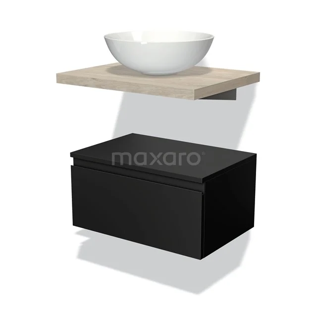 Floating black bathroom cabinet with wooden basin worktop and round white countertop wash basin, modern design for a stylish bathroom.