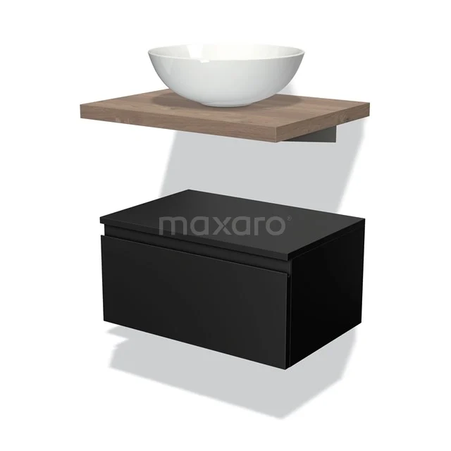 Zweites Badezimmermöbel mit schwarzer Lade, Holzregal und weißem Aufsatzwaschbecken, straffes Design und moderne Ausstrahlung.