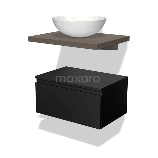 Floating wooden basin set with black drawer unit, white ceramic bowl and shelf, ideal for a modern bathroom style.