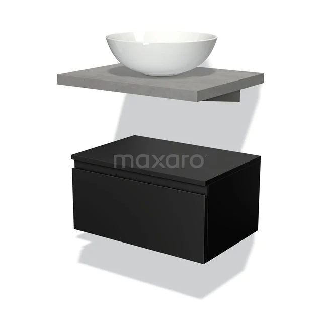 Schwarze Badmöbelset mit matgrauer Waschtischplatte und weißem runden Aufsatzwaschbecken, modernes Design und sauber verarbeitet.