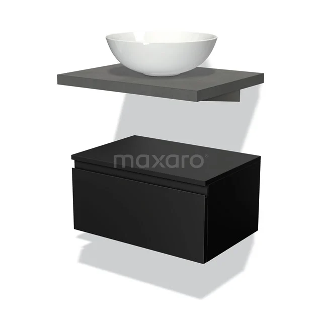 Sink set with black base cabinet, grey wooden worktop and white ceramic bowl, modern design for the bathroom.