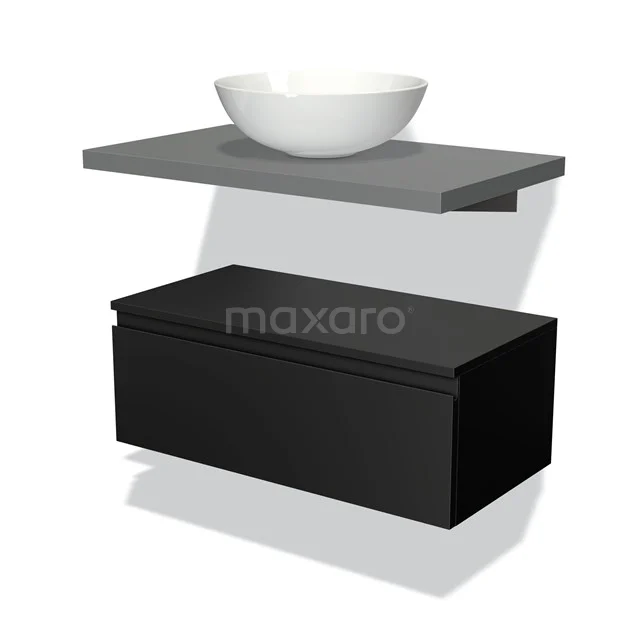 Floating black bathroom unit with grey shelf and modern white vanity units for countertop wash basin, minimalist design for stylish bathrooms.