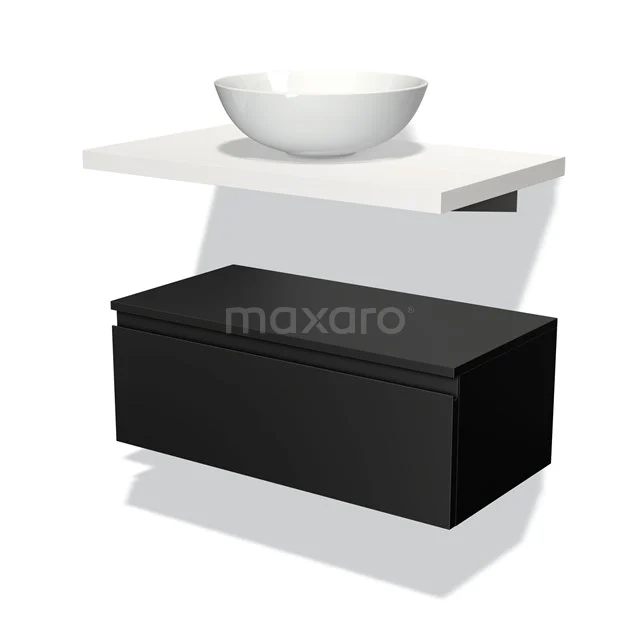 Floating black bathroom unit with white ceramic countertop wash basin and sleek basin worktop, modern design.