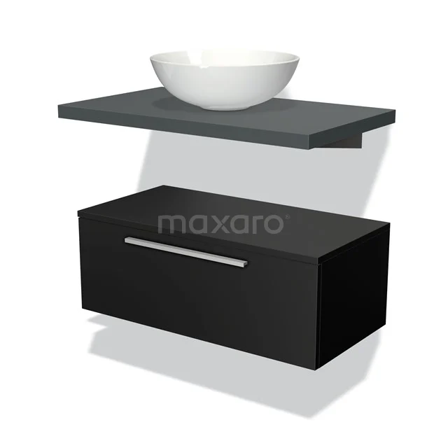 Black floating bathroom furniture set with ceramic basin and grey shelf, sleek design with modern look.