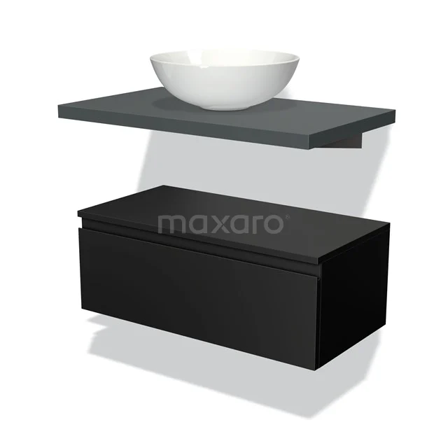 Schwarzer hängender Badschrank mit matter Oberfläche, graue Waschtischplatte und rundem weißen Aufsatzwaschbecken, modernes und minimalistisches Design.