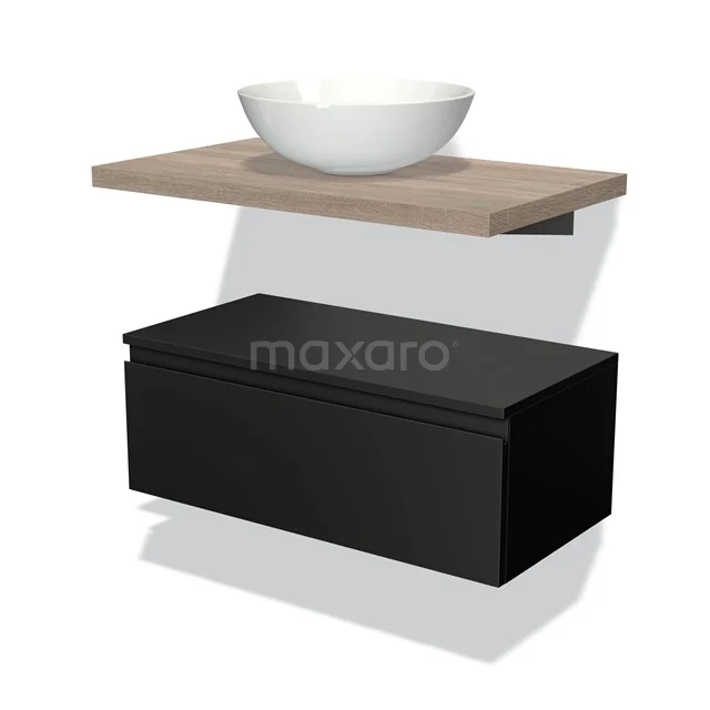Floating black bathroom furniture set with wooden shelf and white countertop wash basin, stylish and modern design for luxury bathrooms.