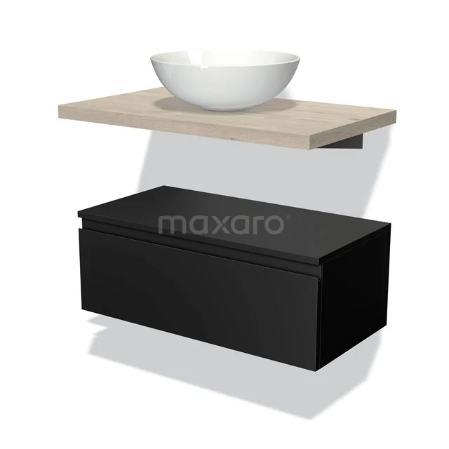 Zwarte badkamerkast met houten plank en witte waskom, modern design, ideaal voor stijlvolle badkamers.