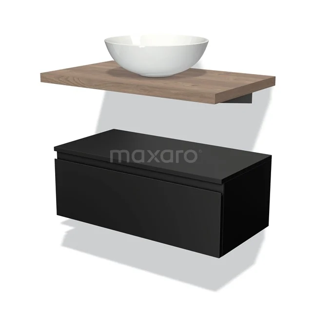 Floating bathroom furniture set with black drawers, wood decor shelf and white bowl basin, modern and compact design.