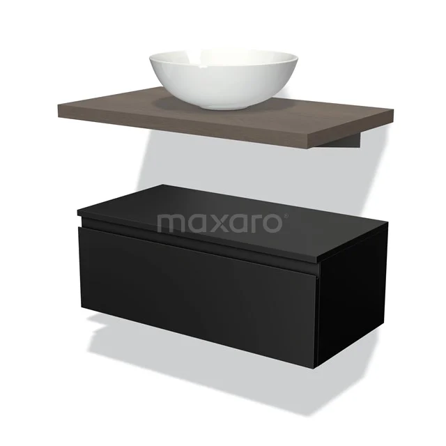 Vanity unit set with black chest of drawers, wooden shelf and white round countertop wash basin, ideal for modern bathroom design.