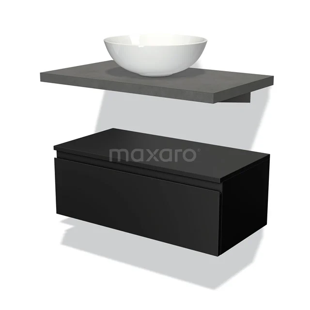 Schwarze Badmöbelset mit Holzregal, keramischem Aufsatzwaschbecken und Schublade; elegantes Design für einen modernen Badezimmerraum.