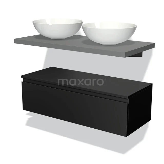 Schwarze Badmöbelset mit mattem grauen Waschbecken und zwei weißen Aufsatzwaschbecken, modernes Design für ein stilvolles Badezimmer.