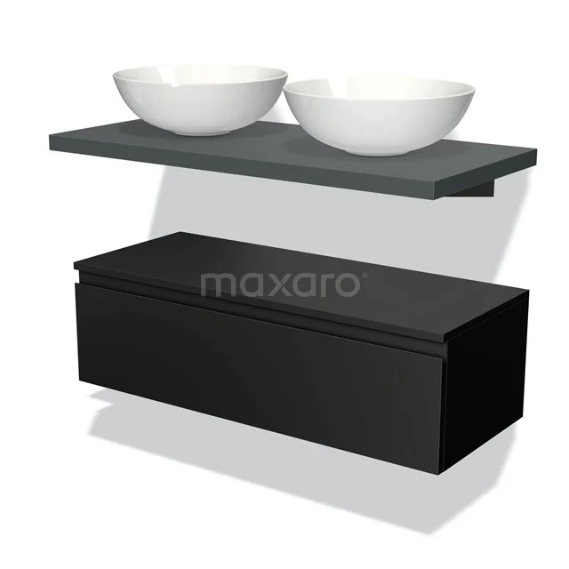 Black bathroom cabinet with floating grey worktop and two white countertop wash basins, modern design with clean lines.