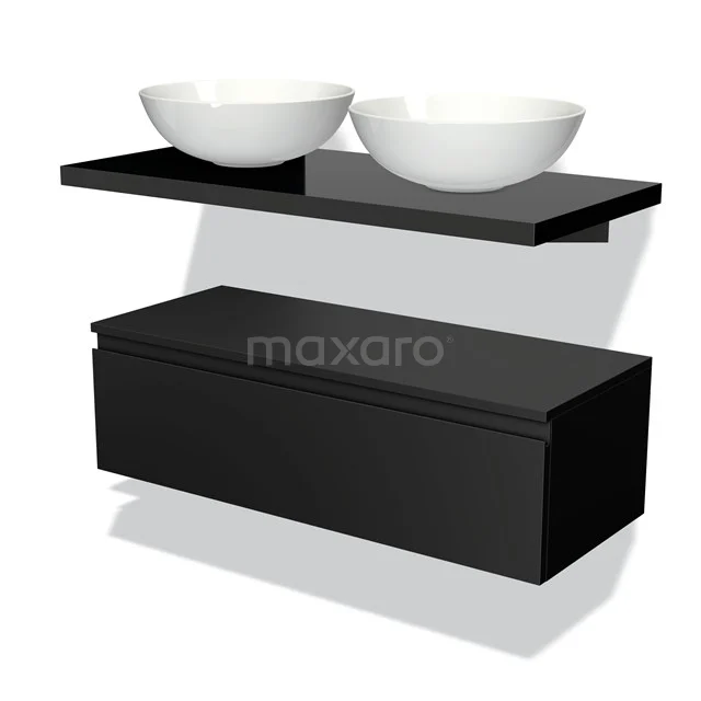 Black wooden bathroom unit set with two white vanity units for countertop wash basins, sleek and floating design for modern bathrooms.