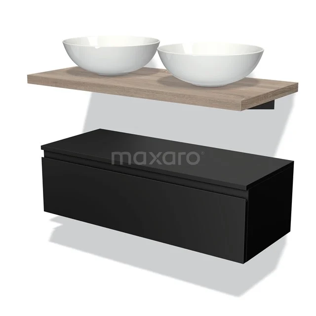 Floating black bathroom furniture set with wooden worktop and two white round countertop wash basins, sleek design for modern bathrooms.